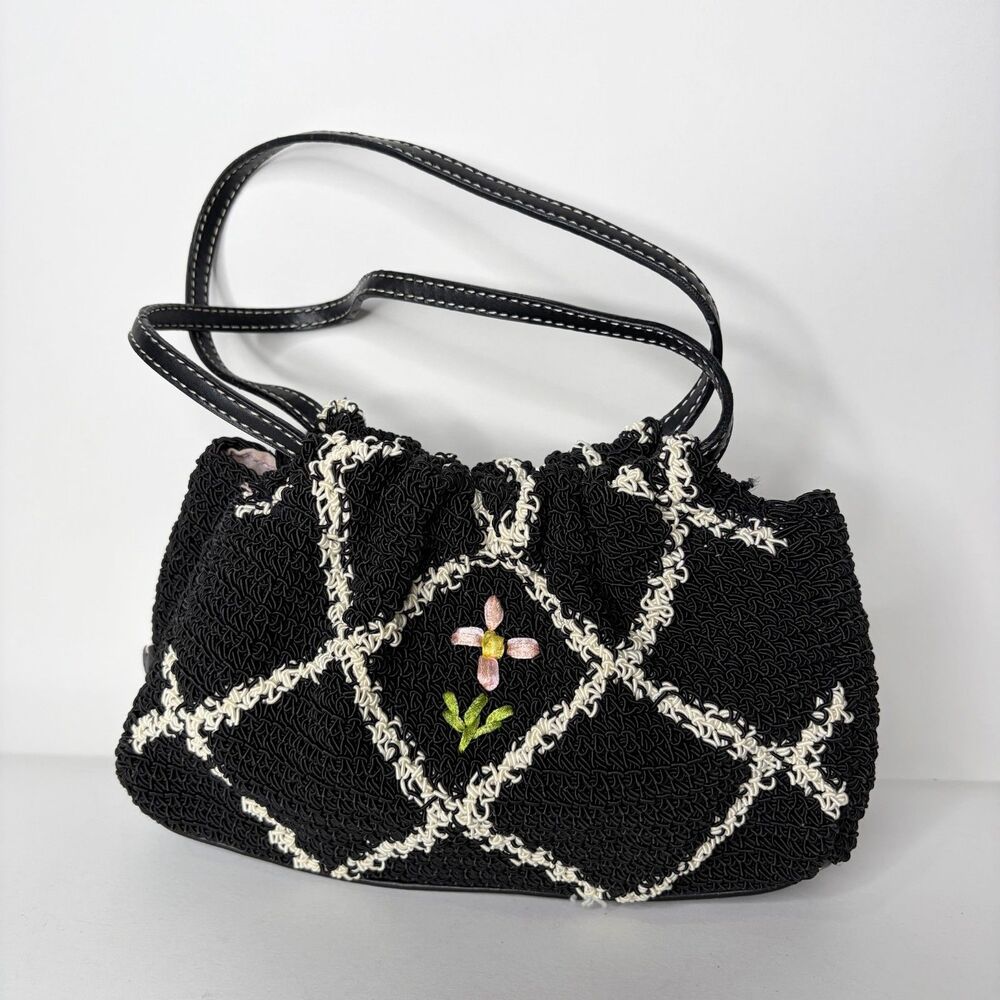 Vintage Y2K Liz Claiborne Purse Black Floral Ribbon Embroidered Small Textured